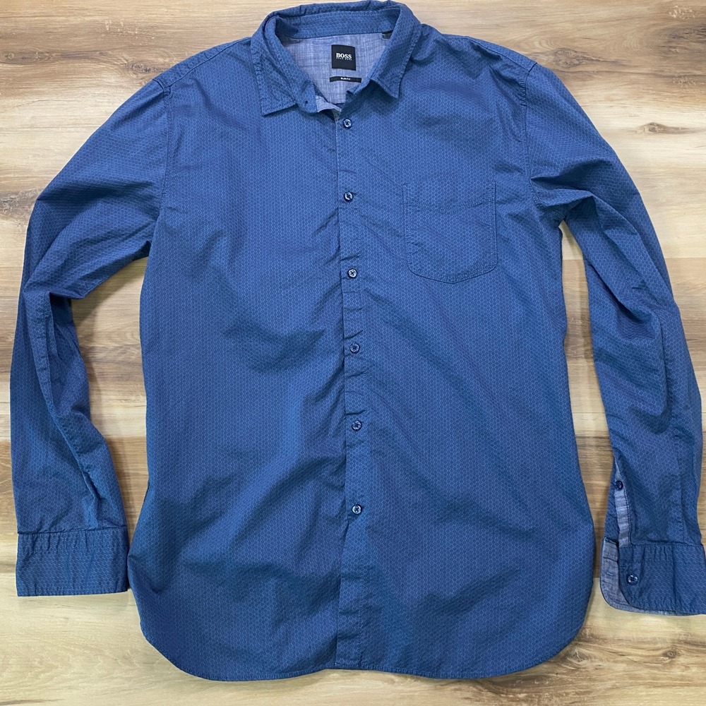 Hugo Boss Button Down Shirt L Slim Fit Honeycomb Texture Cotton Blend Blue